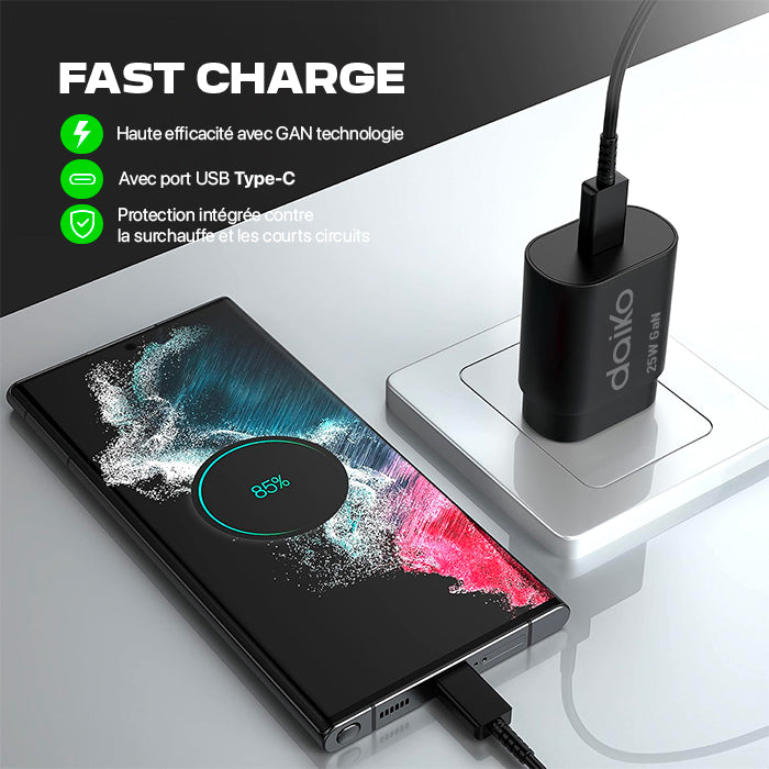 Fast charger Noir USB C 25W