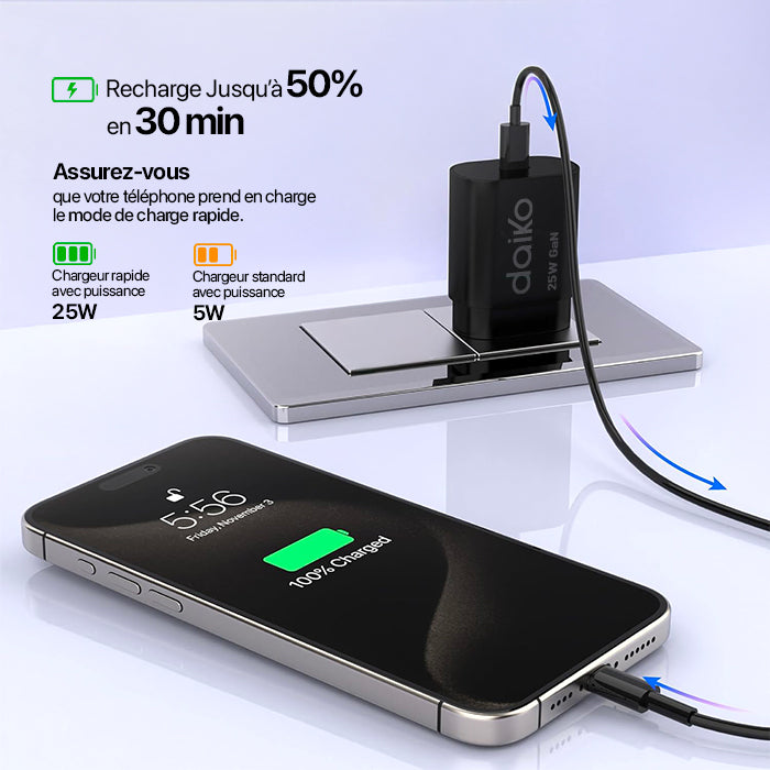 Fast charger Noir USB C 25W